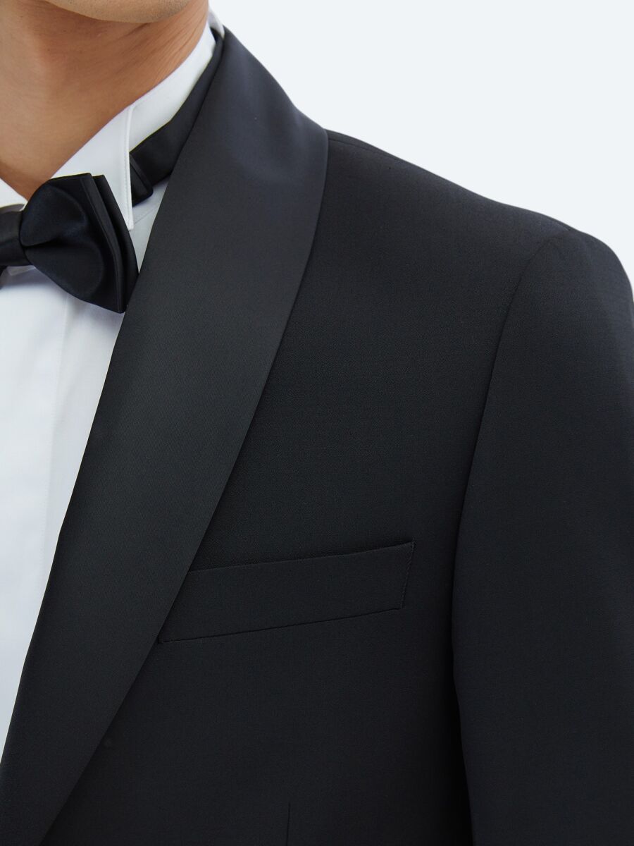 Black Slim Fit Removable Shawl Collar Weaving Tuxedo - 4