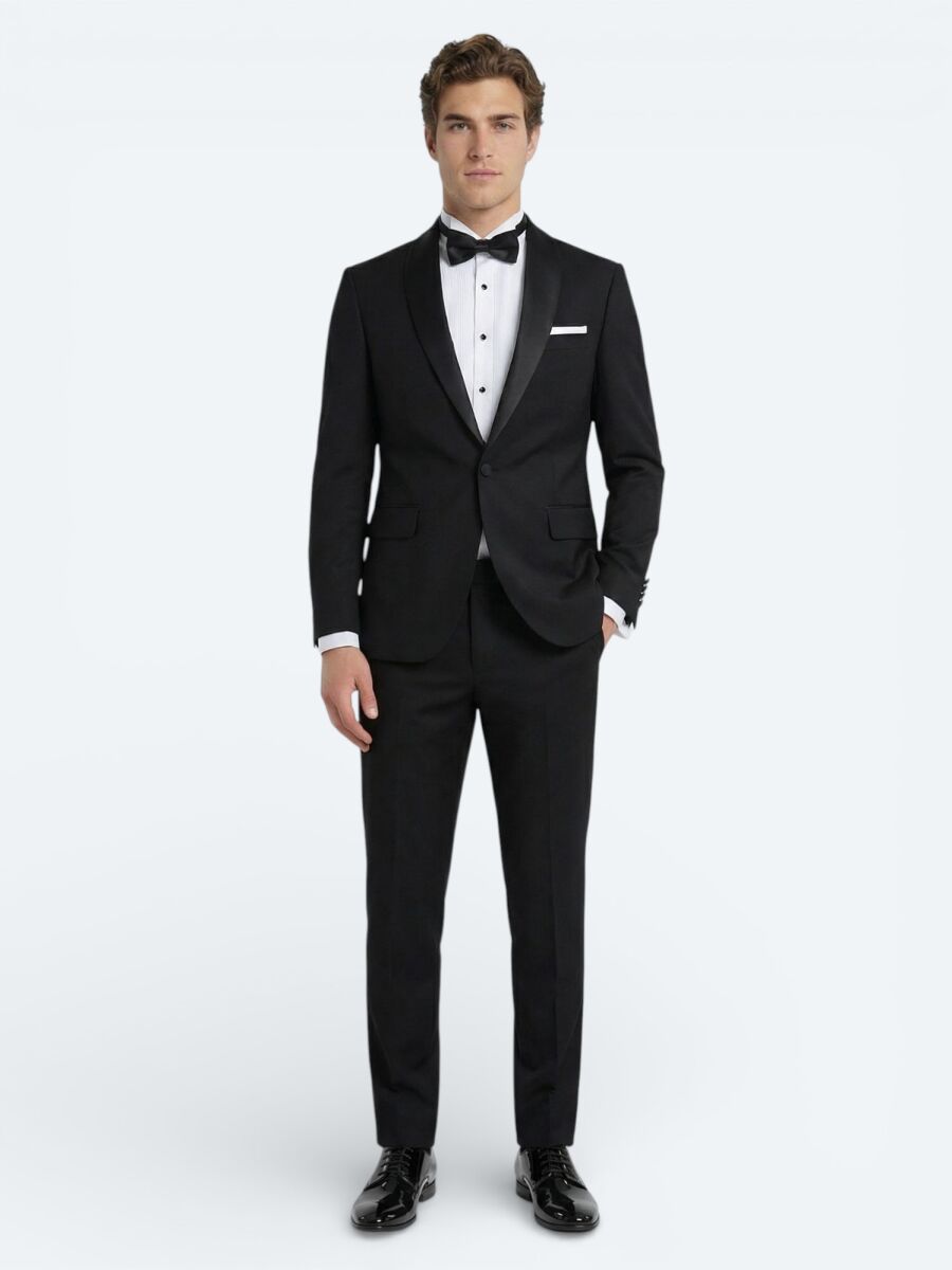 Black Slim Fit Removable Shawl Collar Weaving Tuxedo - 1