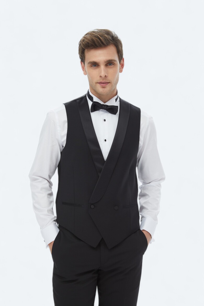 Black Slim Fit Shawl Collar Classical Waistcoat - 1