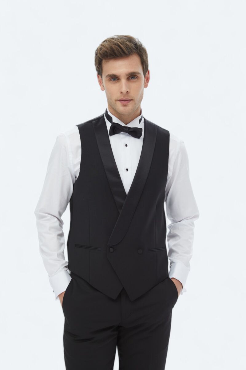 Black Slim Fit Shawl Collar Classical Waistcoat - 1