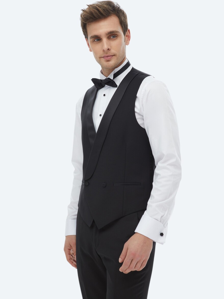 Black Slim Fit Shawl Collar Classical Waistcoat - 1
