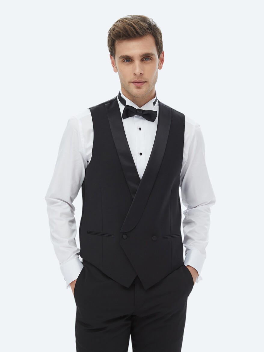 Black Slim Fit Shawl Collar Classical Waistcoat - 2