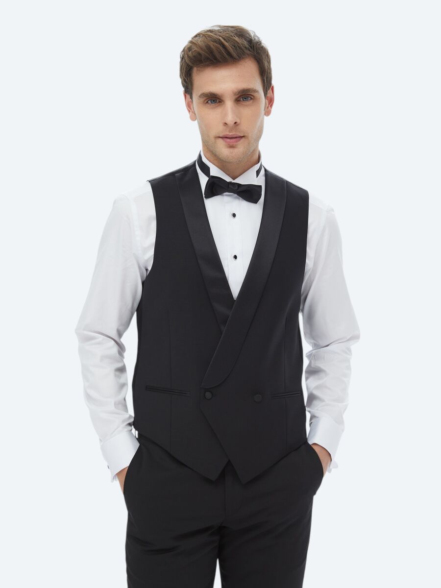 Black Slim Fit Shawl Collar Classical Waistcoat - 2