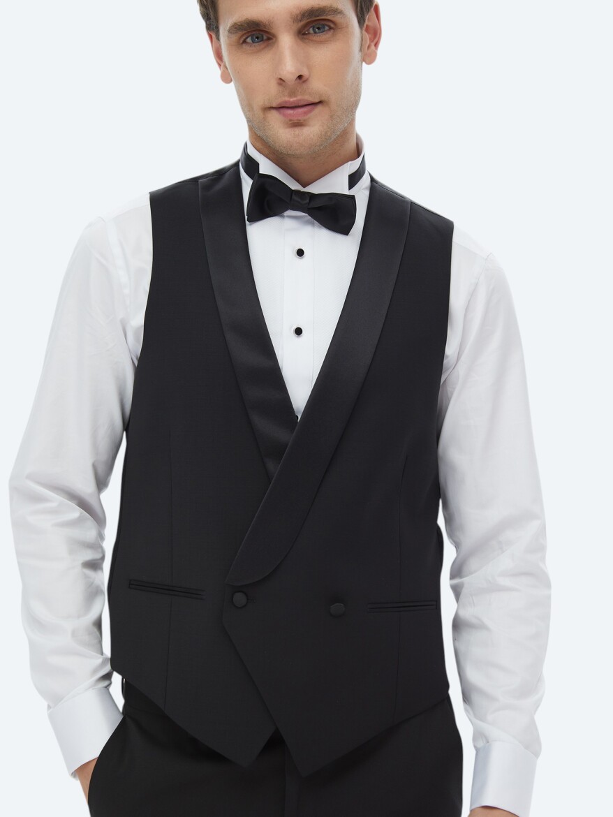 Black Slim Fit Shawl Collar Classical Waistcoat - 3