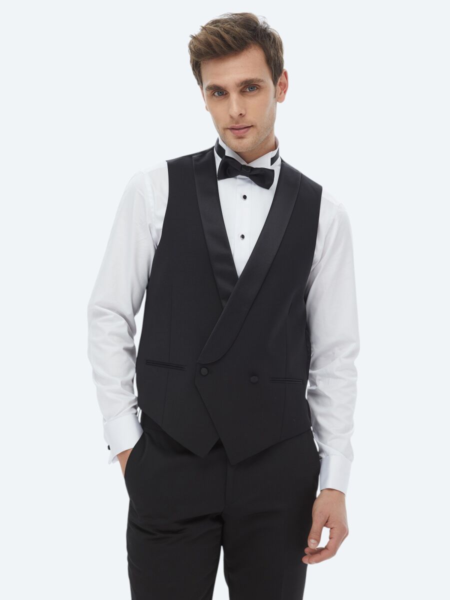 Black Slim Fit Shawl Collar Classical Waistcoat - 4
