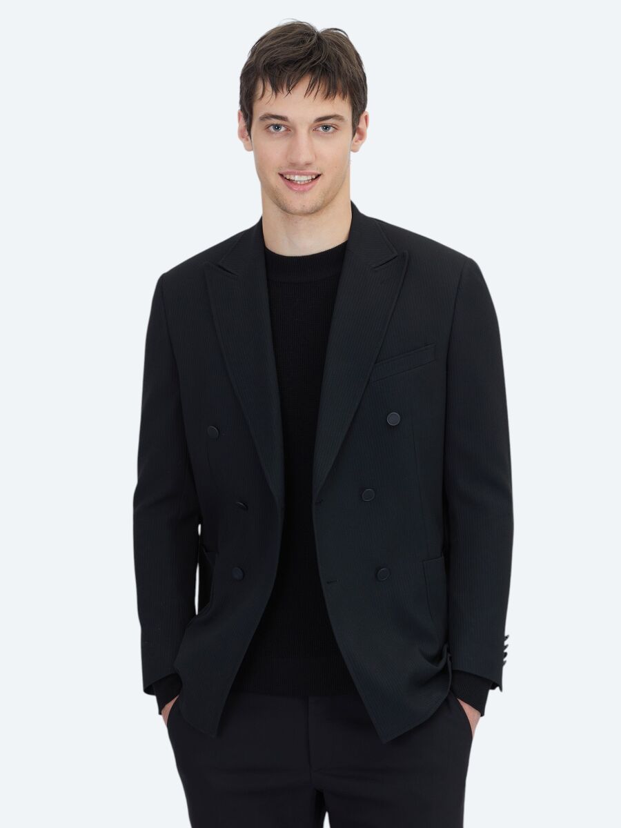 Black Striped Comfort Fit Jacket - 3