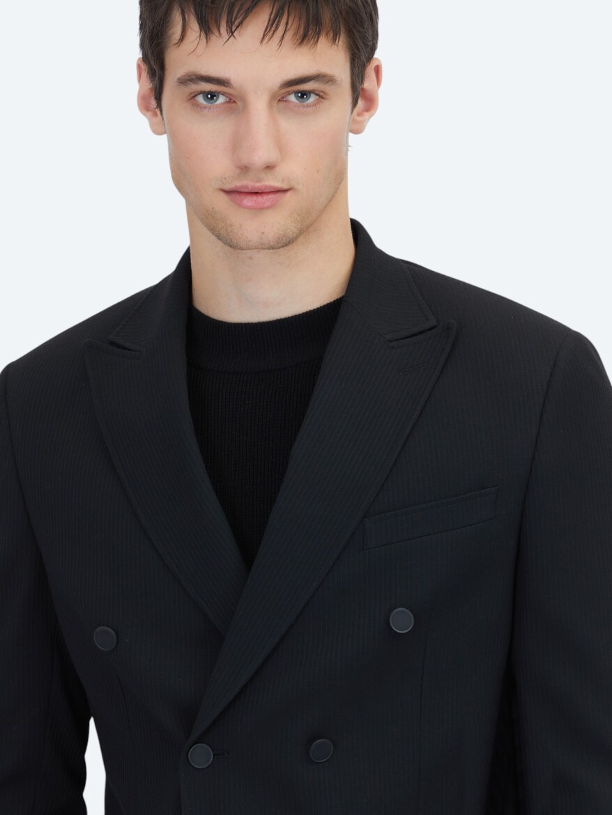 Black Striped Comfort Fit Jacket - 4