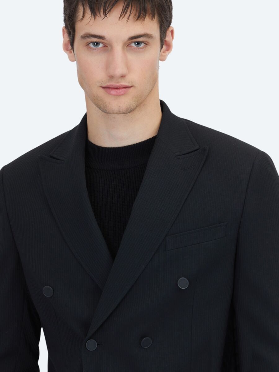 Black Striped Comfort Fit Jacket - 4