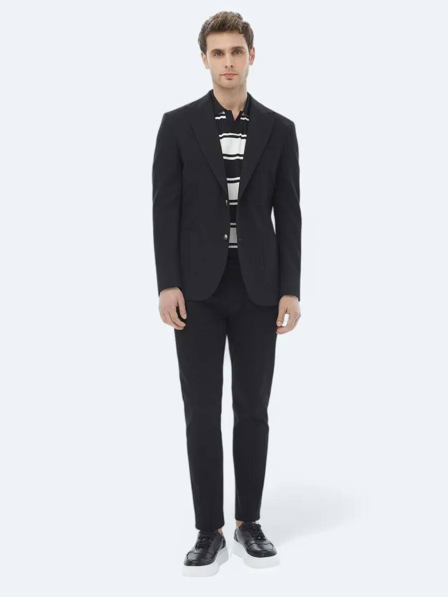 Black Striped Modern Fit Cotton Blended Jacket - 2