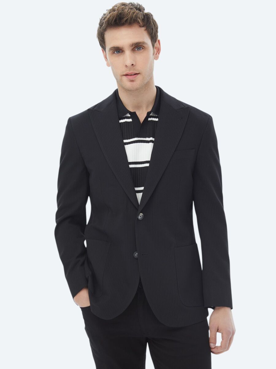 Black Striped Modern Fit Cotton Blended Jacket - 1
