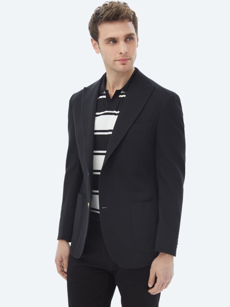 Black Striped Modern Fit Cotton Blended Jacket - 4