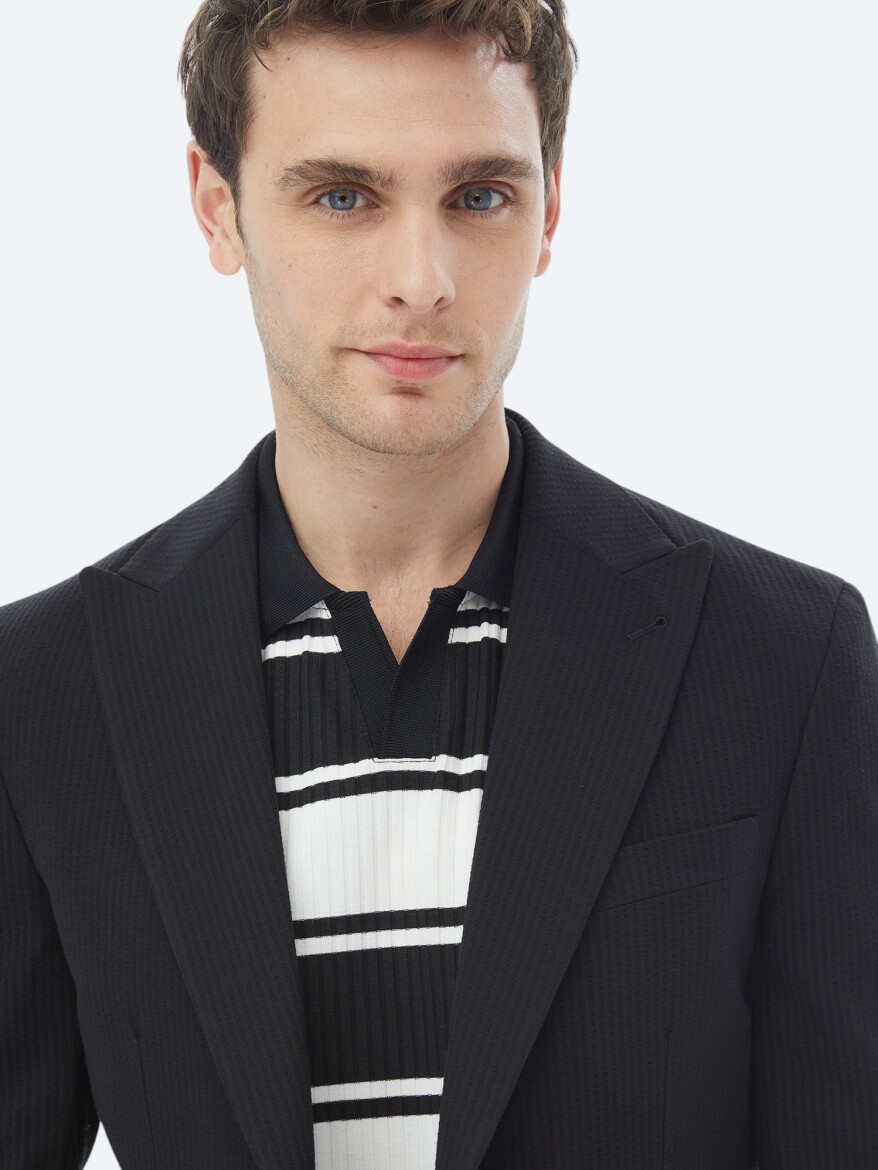 Black Striped Modern Fit Cotton Blended Jacket - 5