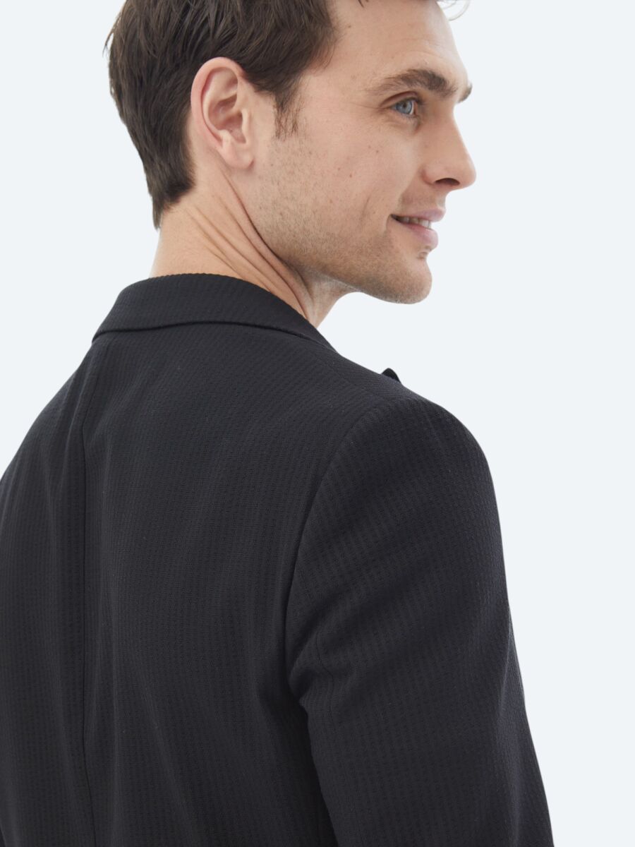 Black Striped Modern Fit Cotton Blended Jacket - 8