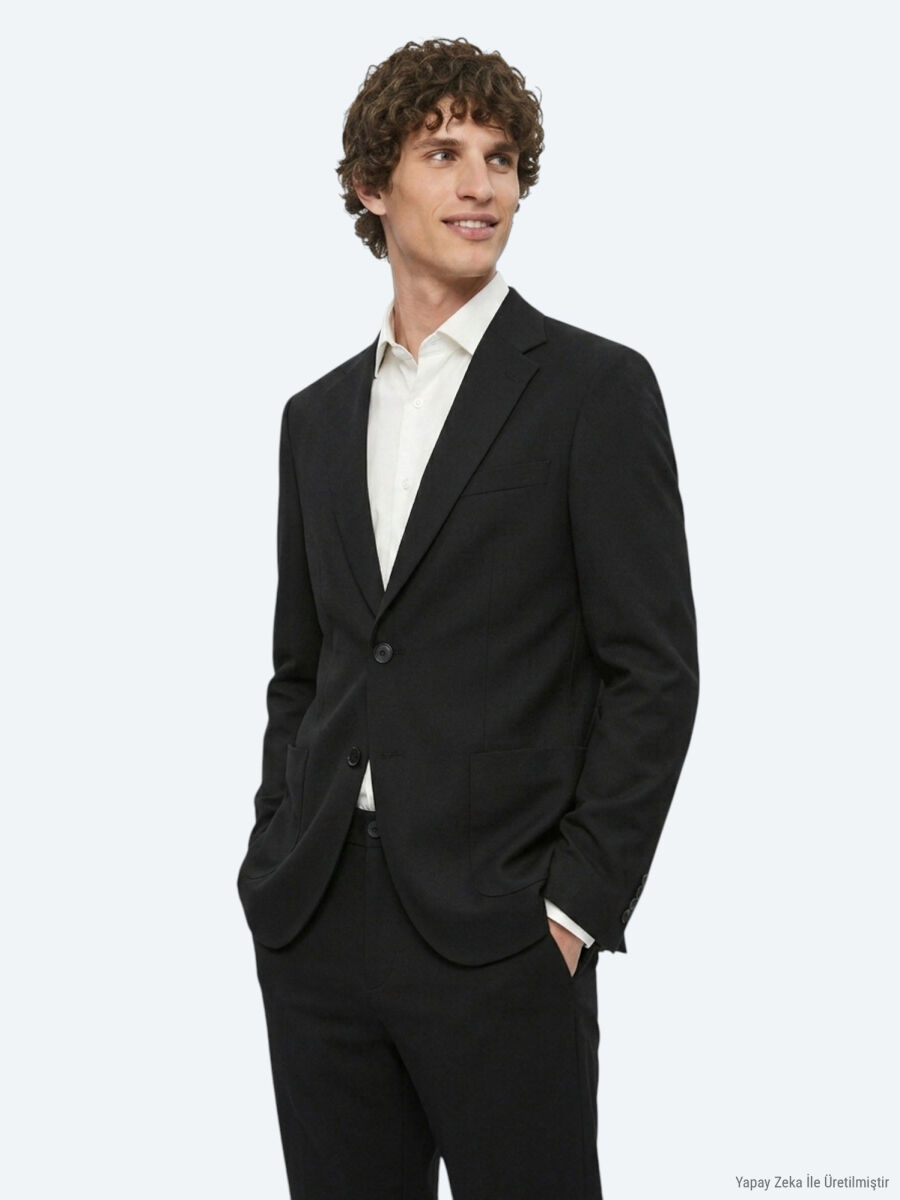 Black Striped Modern Fit Cotton Blended Suit - 1
