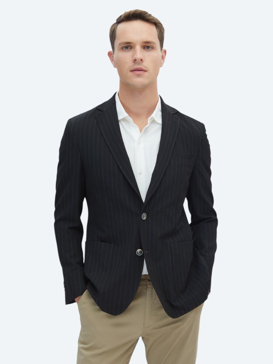 Black Striped Modern Fit Jacket - 1