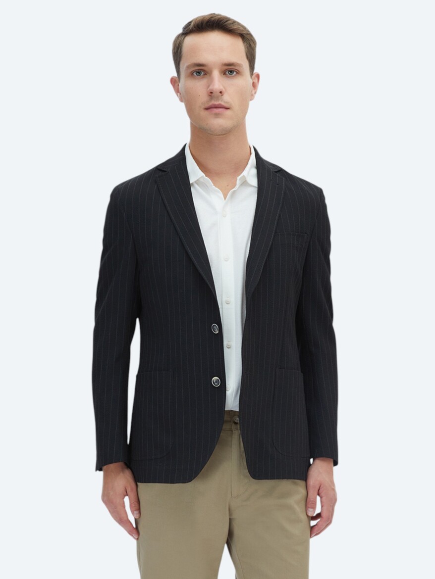 Black Striped Modern Fit Jacket - 3