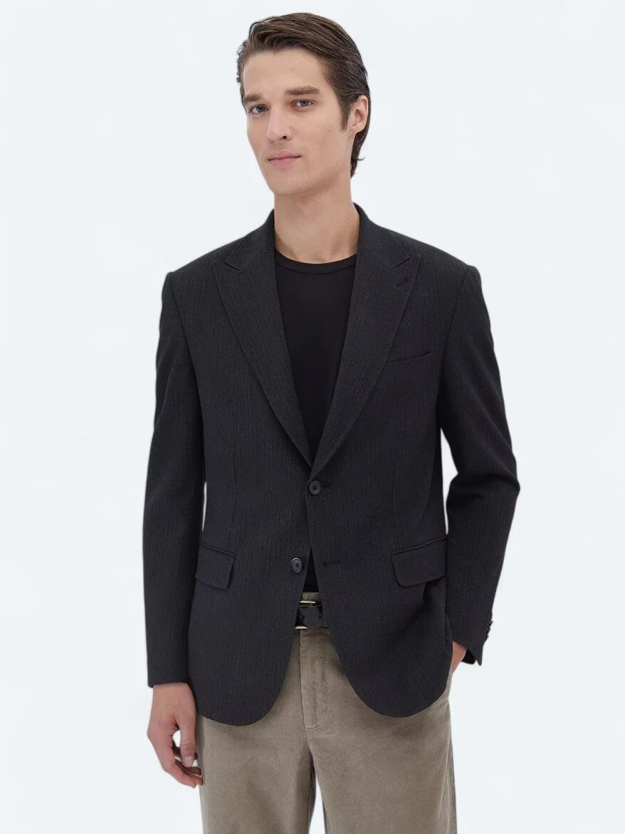 Black Striped Modern Fit Jacket - 1