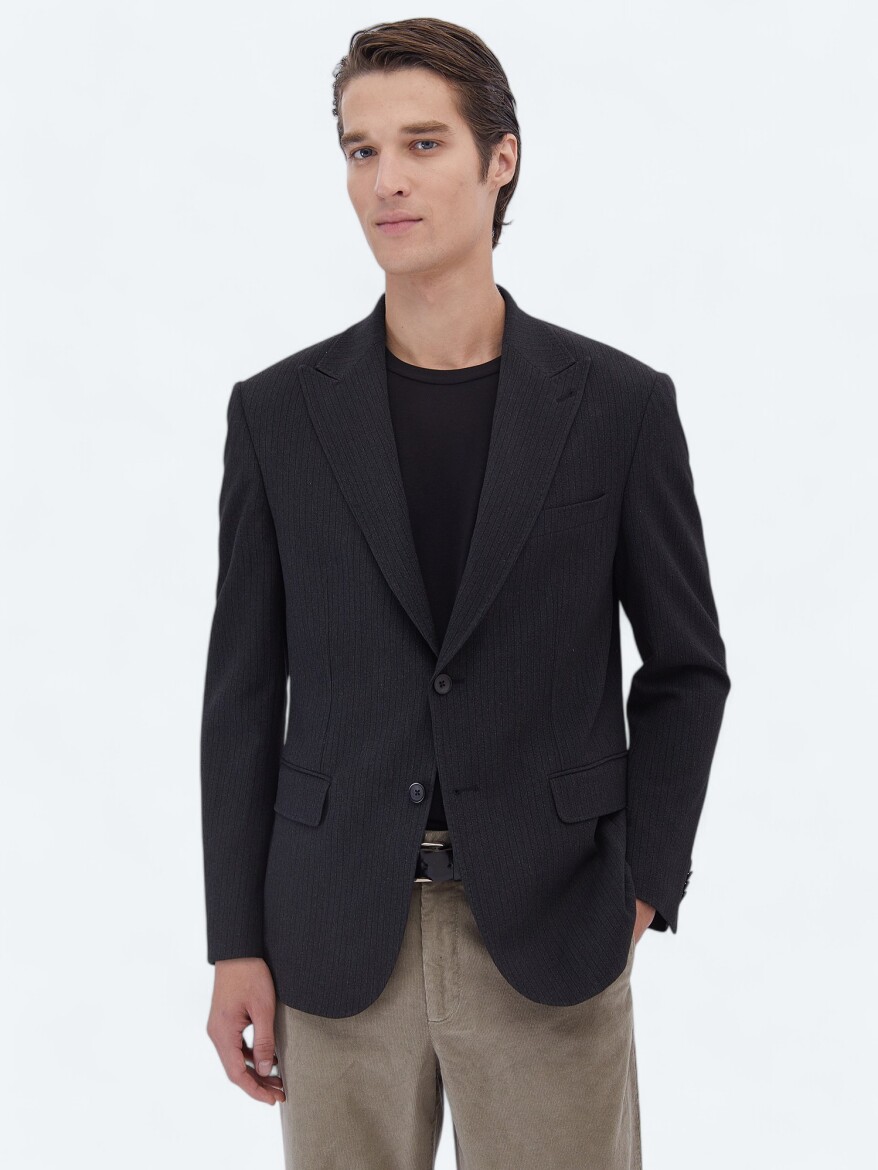 Black Striped Modern Fit Jacket - KİP