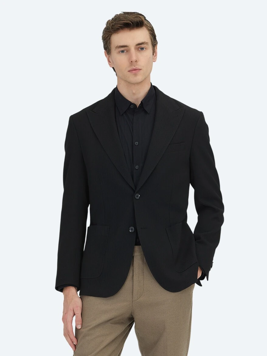 Black Striped Modern Fit Jacket - 1