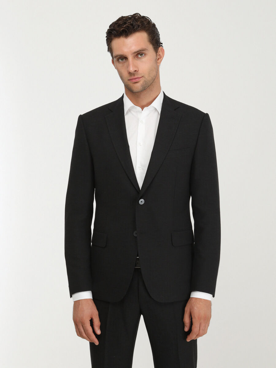 Black Striped Modern Fit Linen Blended Suit - 1