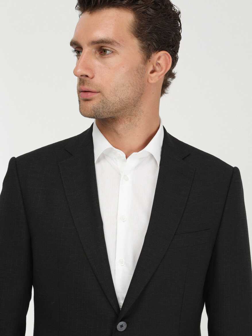 Black Striped Modern Fit Linen Blended Suit - 3