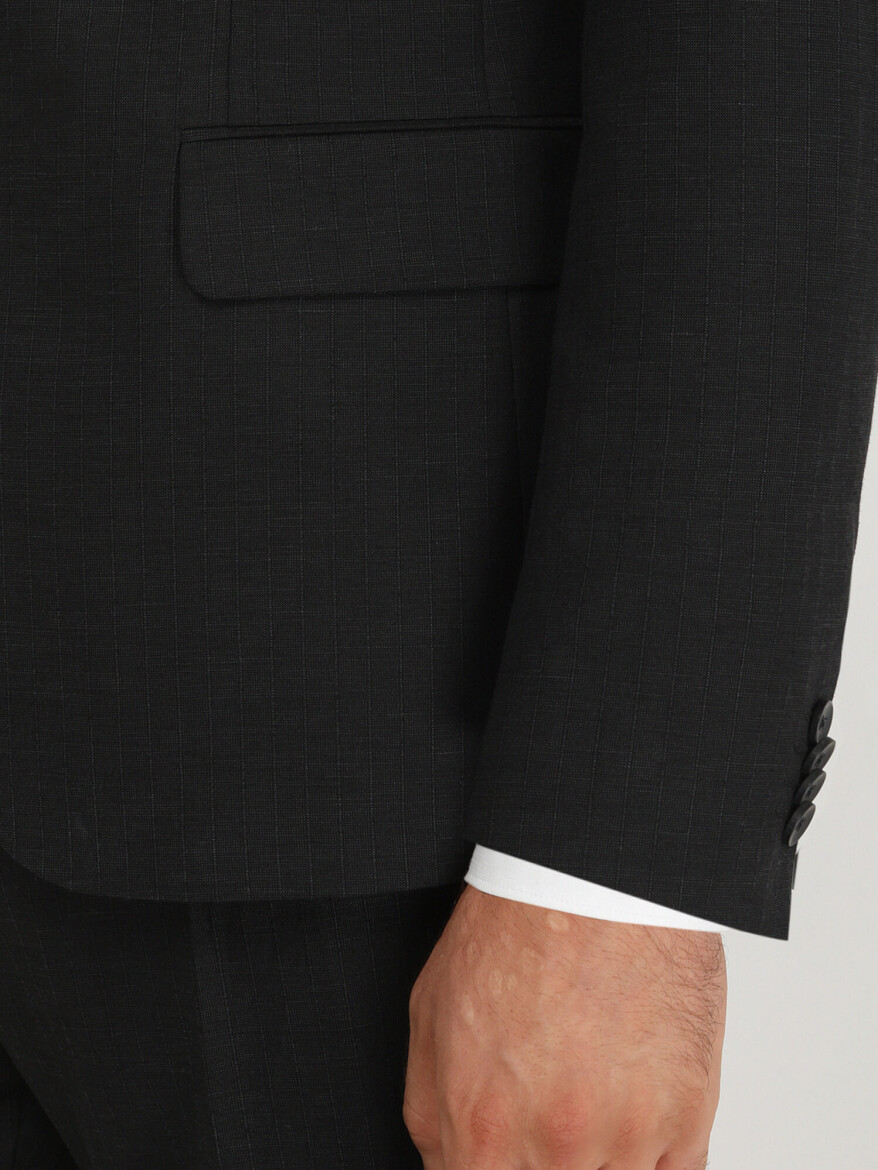 Black Striped Modern Fit Linen Blended Suit - 4