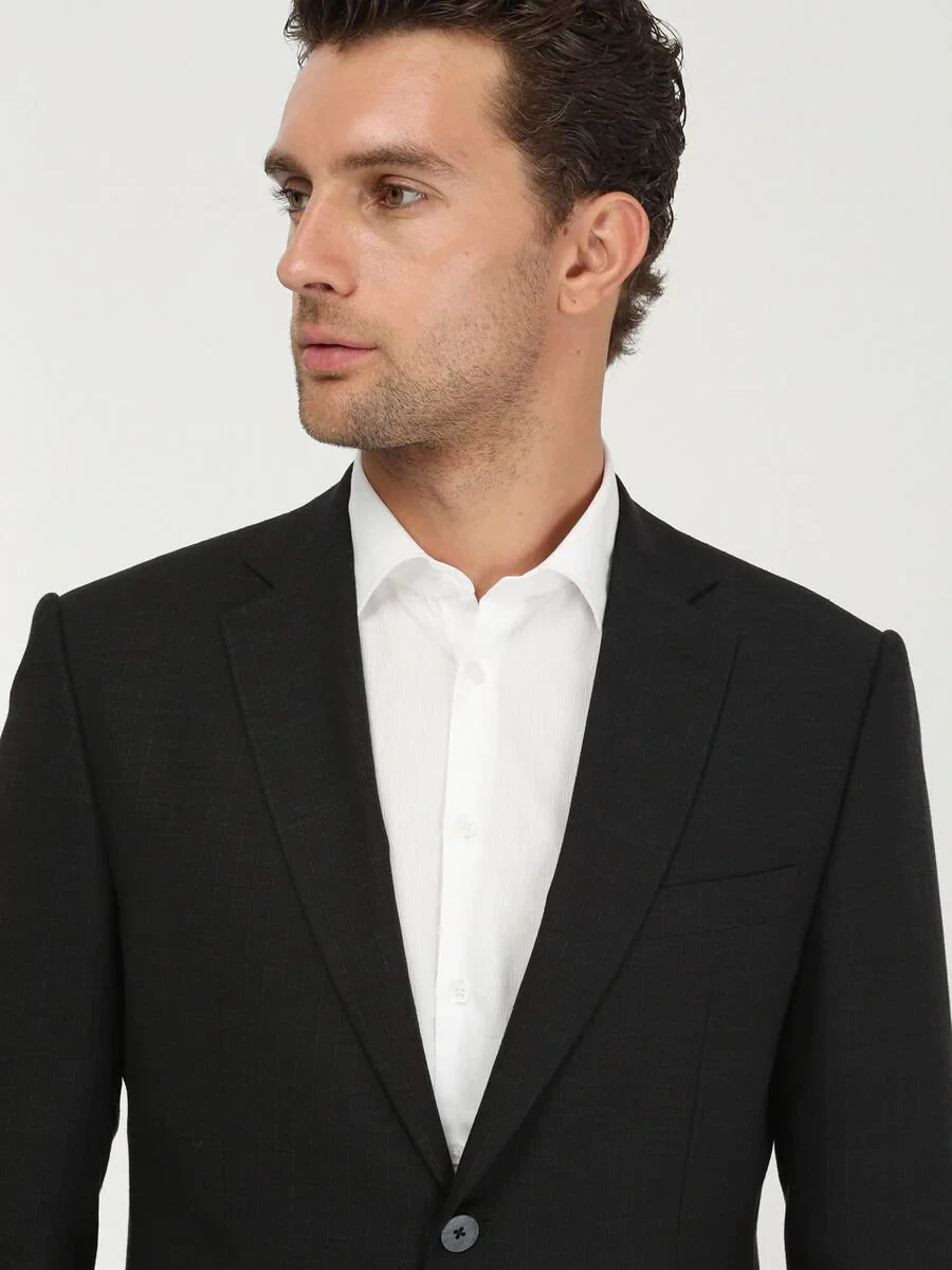 Black Striped Modern Fit Linen Blended Suit - 3