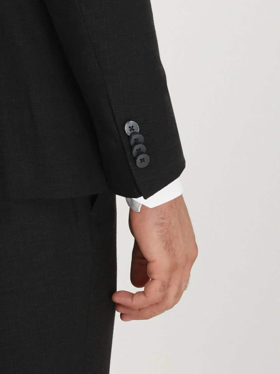 Black Striped Modern Fit Linen Blended Suit - 5