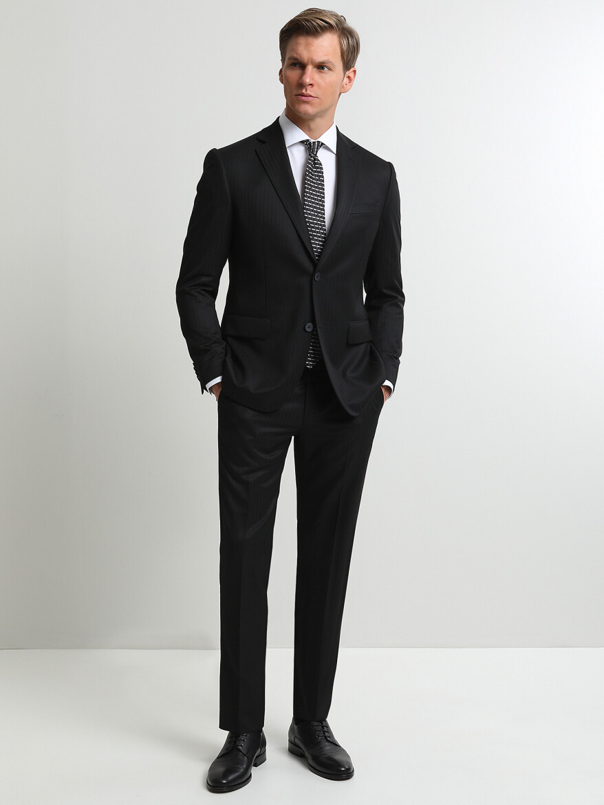 Black Striped Modern Fit Suit - 1