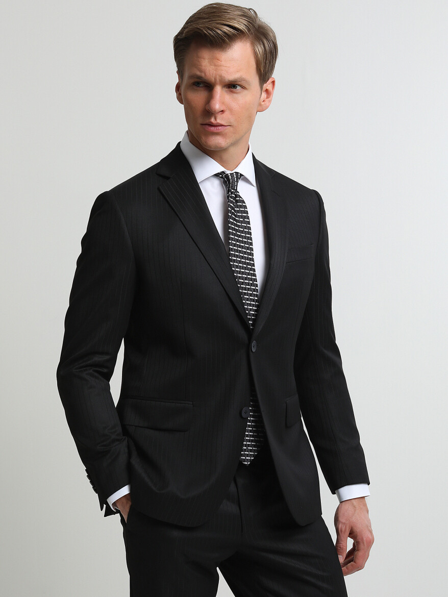 Black Striped Modern Fit Suit - 2