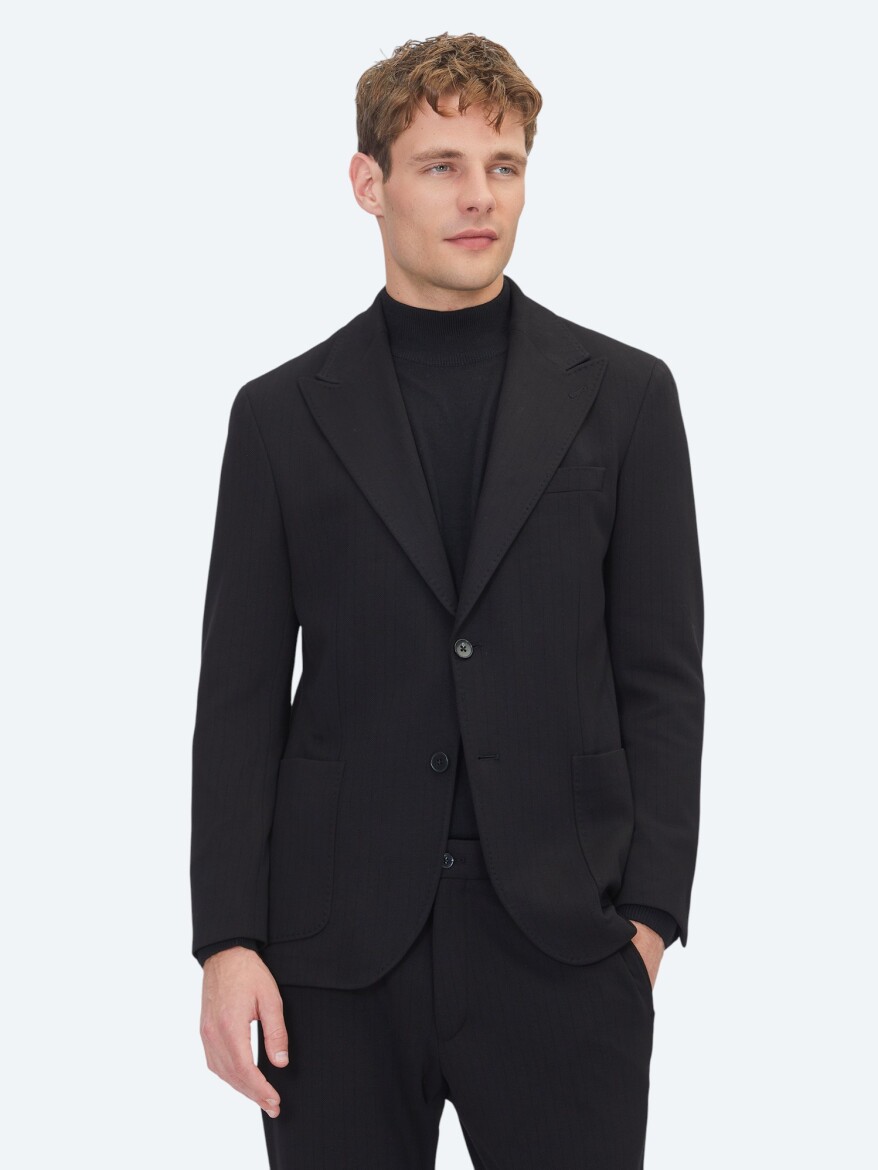 Black Striped Modern Fit Suit - KİP