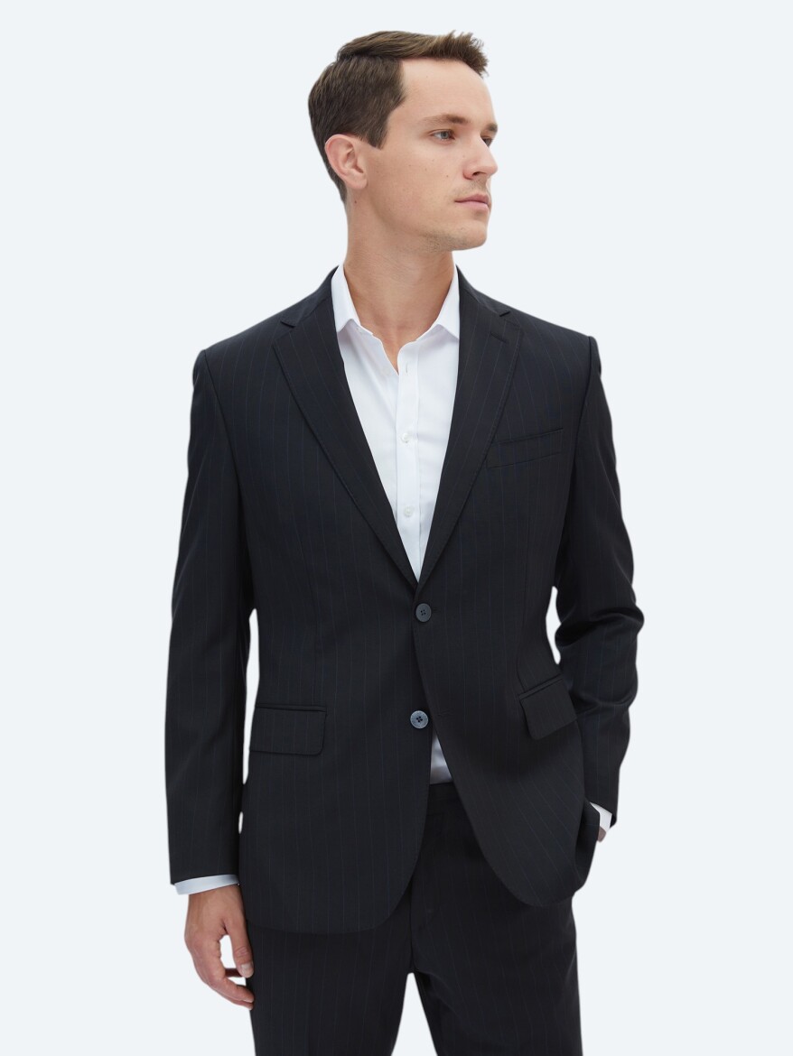 Black Striped Modern Fit Wool Blended Suit - 1