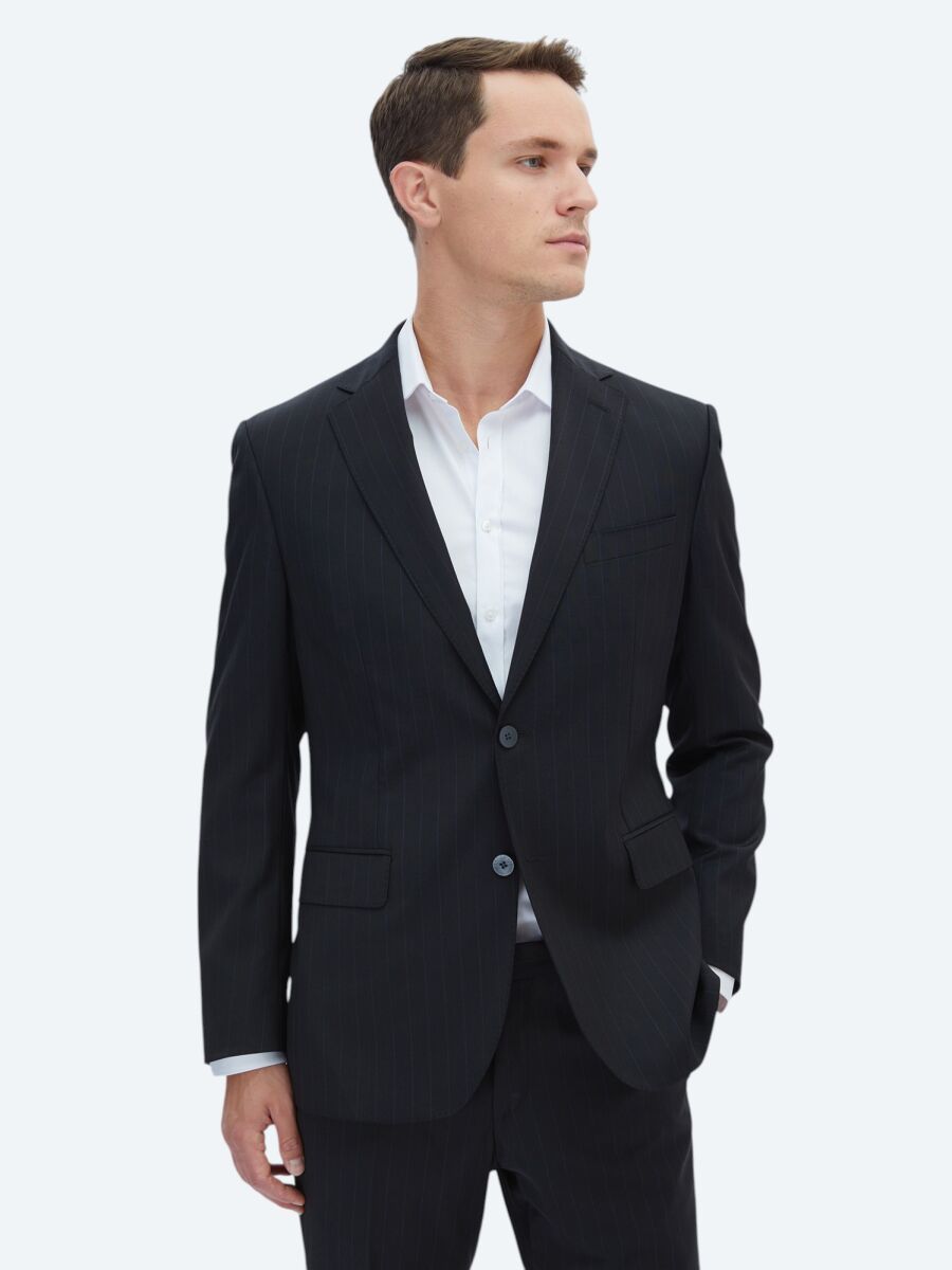 Black Striped Modern Fit Wool Blended Suit - 1