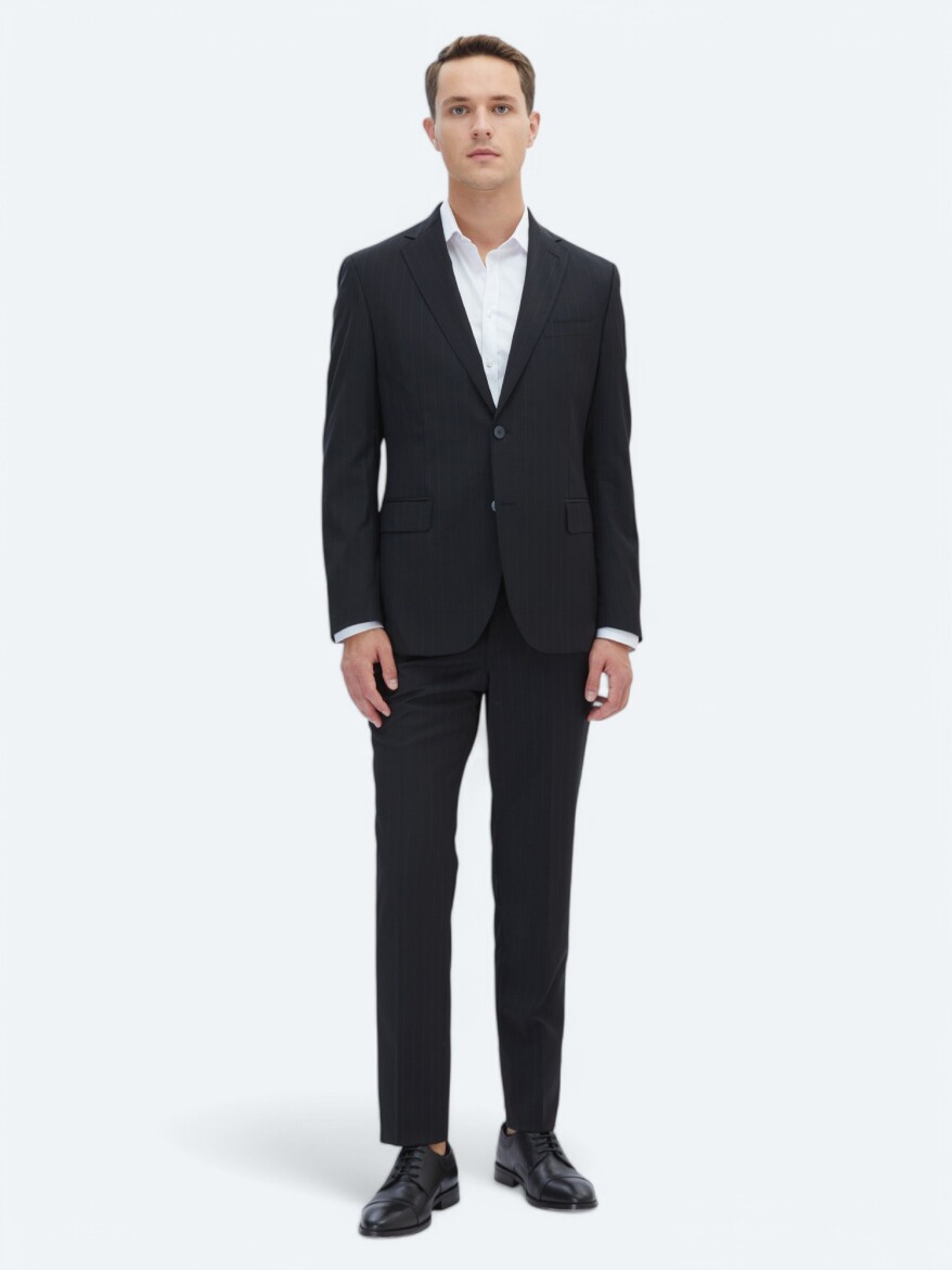 Black Striped Modern Fit Wool Blended Suit - 2