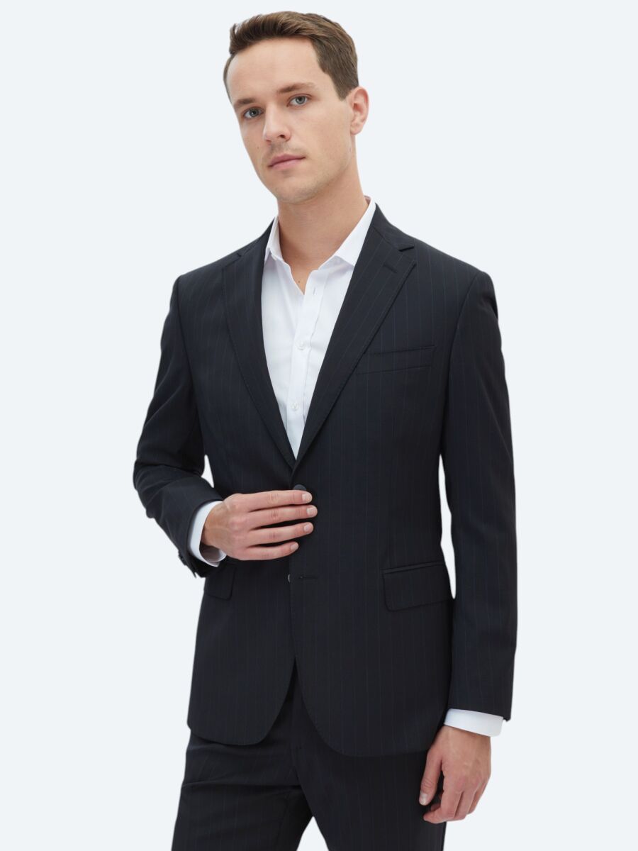 Black Striped Modern Fit Wool Blended Suit - 3