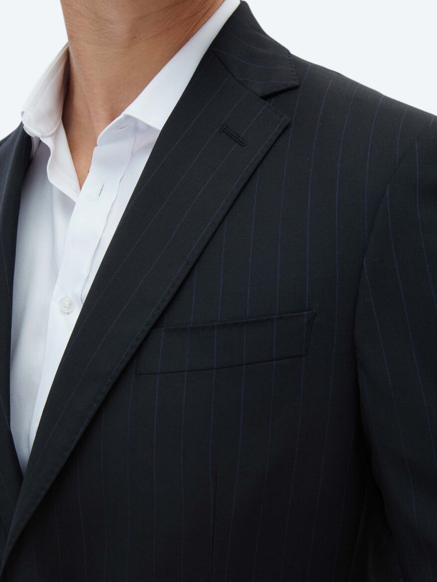 Black Striped Modern Fit Wool Blended Suit - 5