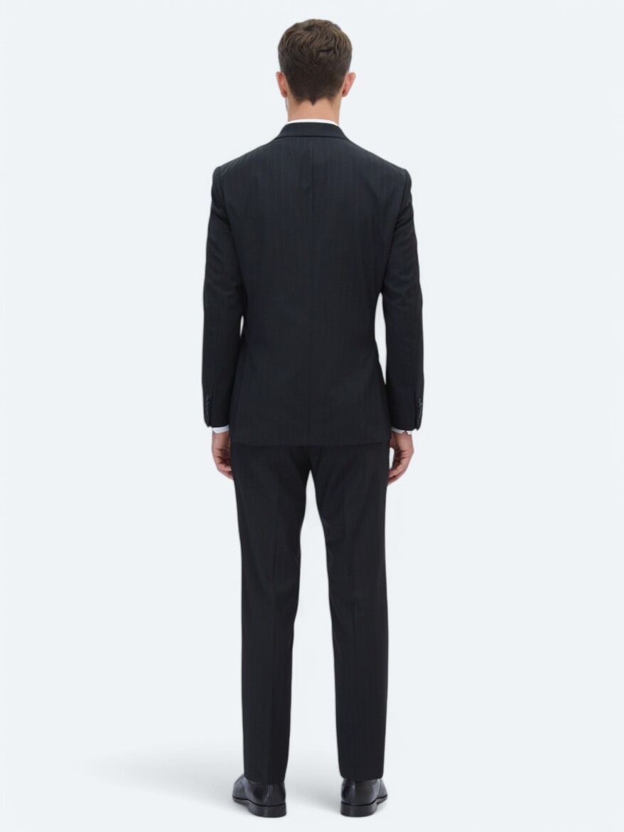 Black Striped Modern Fit Wool Blended Suit - 6