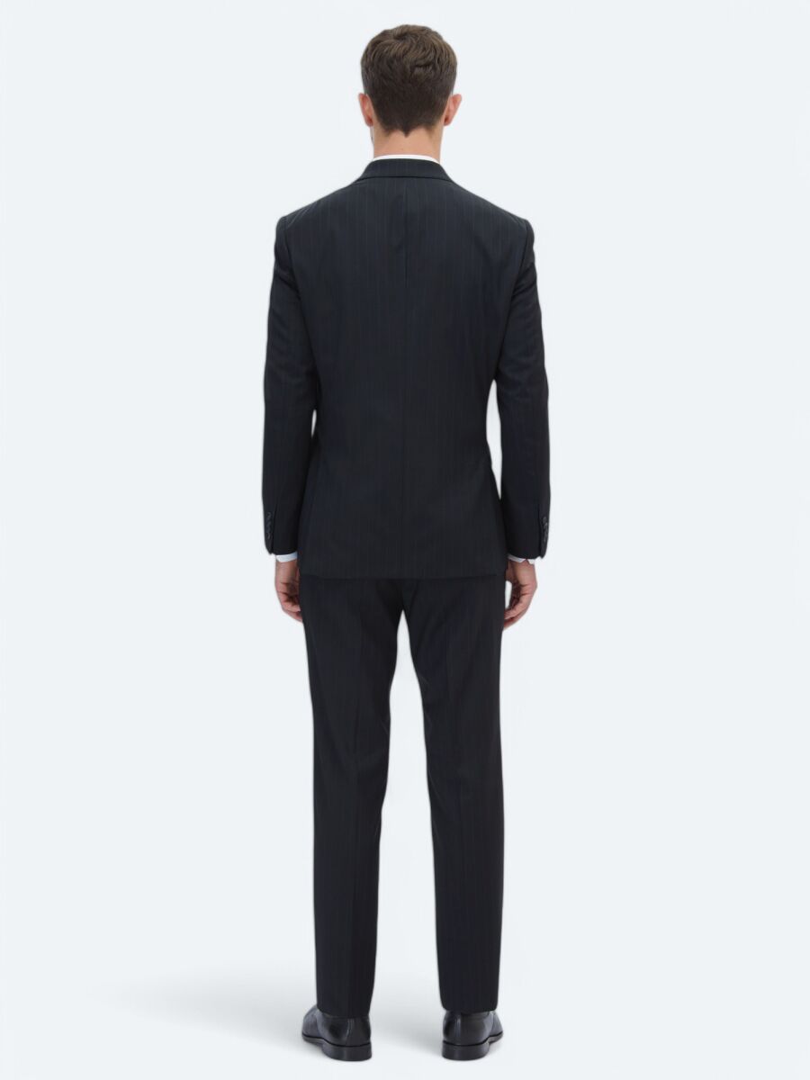 Black Striped Modern Fit Wool Blended Suit - 6