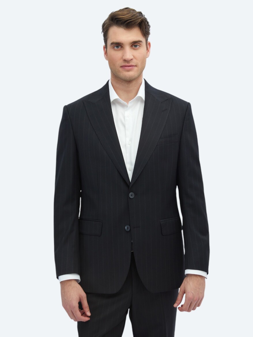 Black Striped Modern Fit Wool Blended Suit - 1