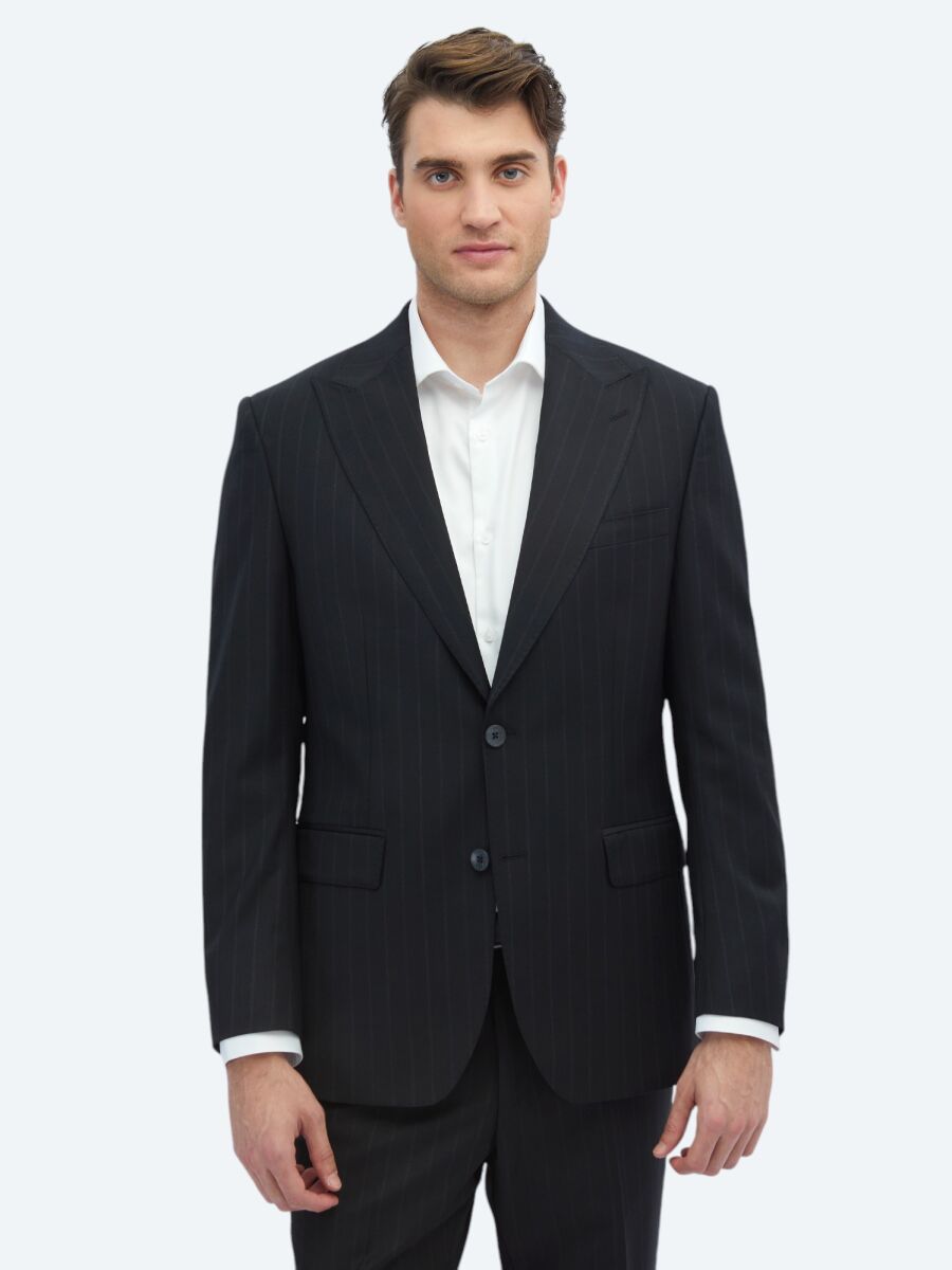 Black Striped Modern Fit Wool Blended Suit - 1