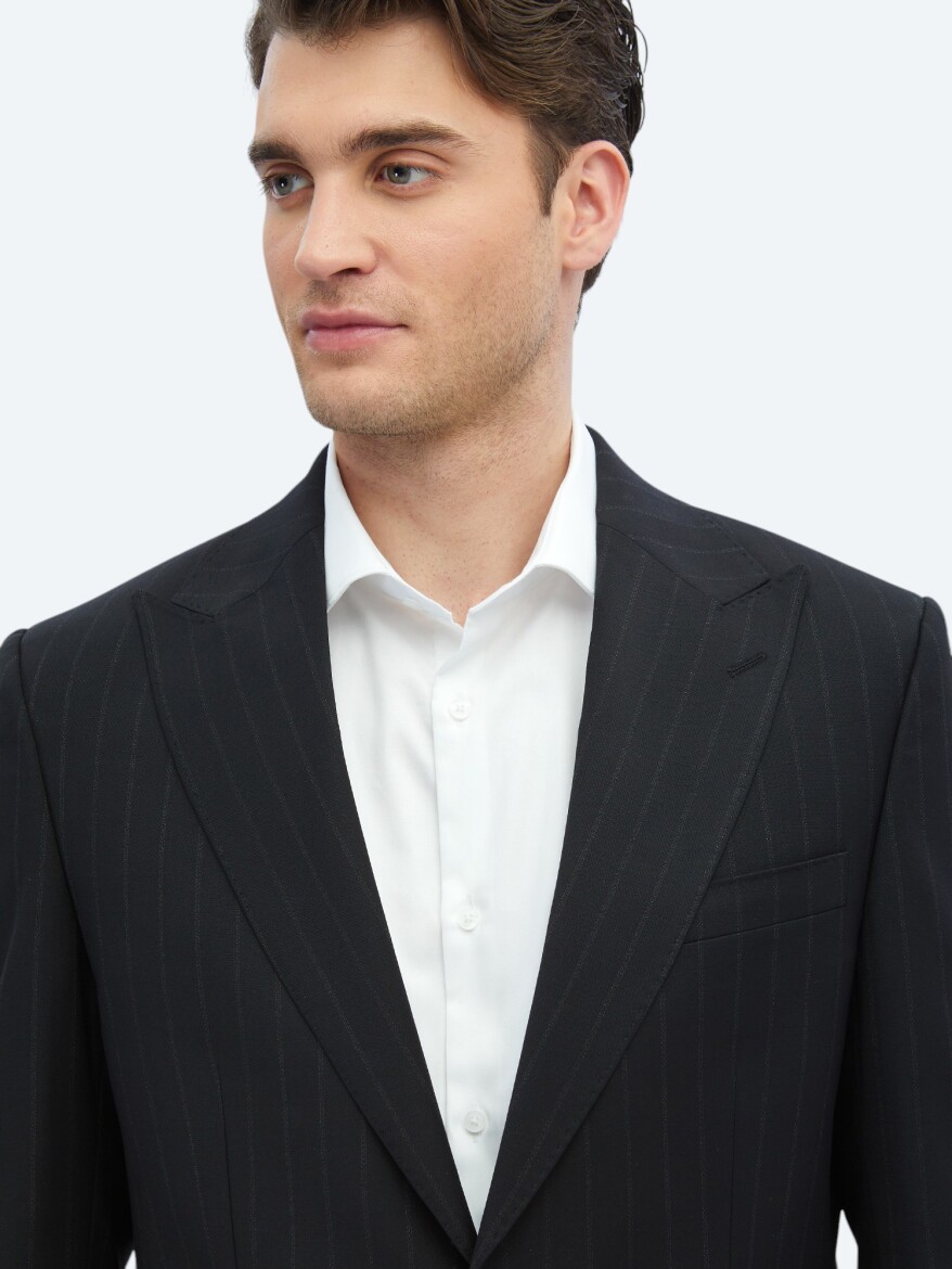 Black Striped Modern Fit Wool Blended Suit - 3