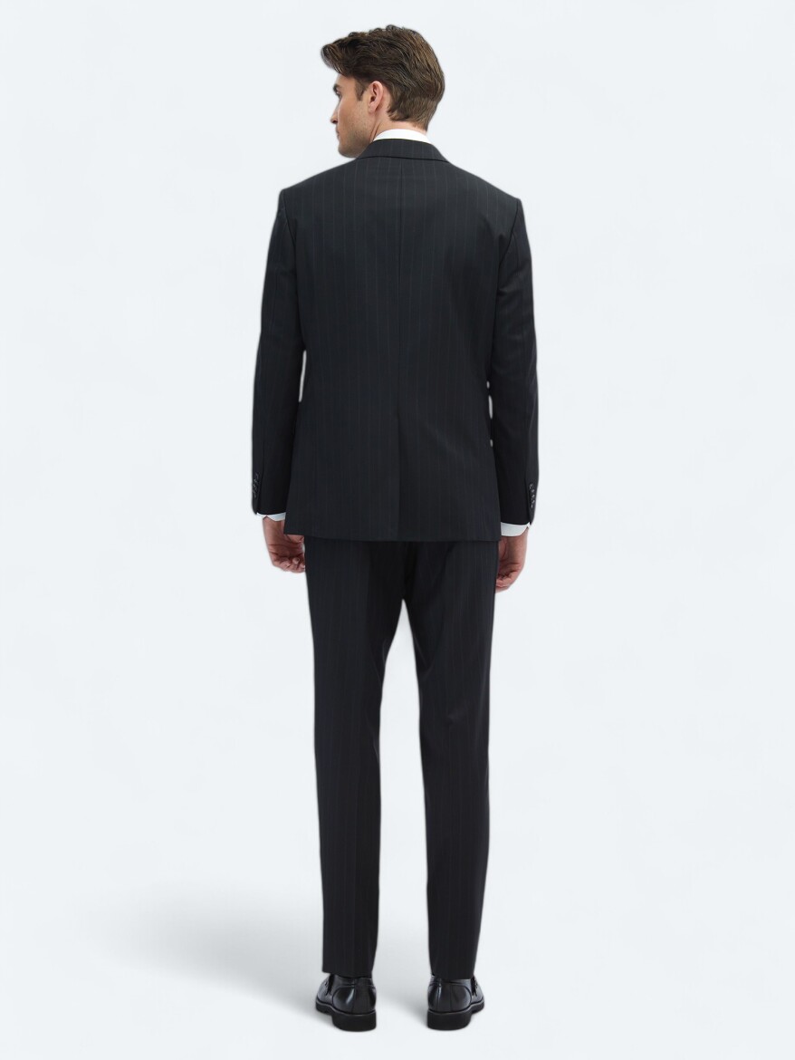 Black Striped Modern Fit Wool Blended Suit - 5