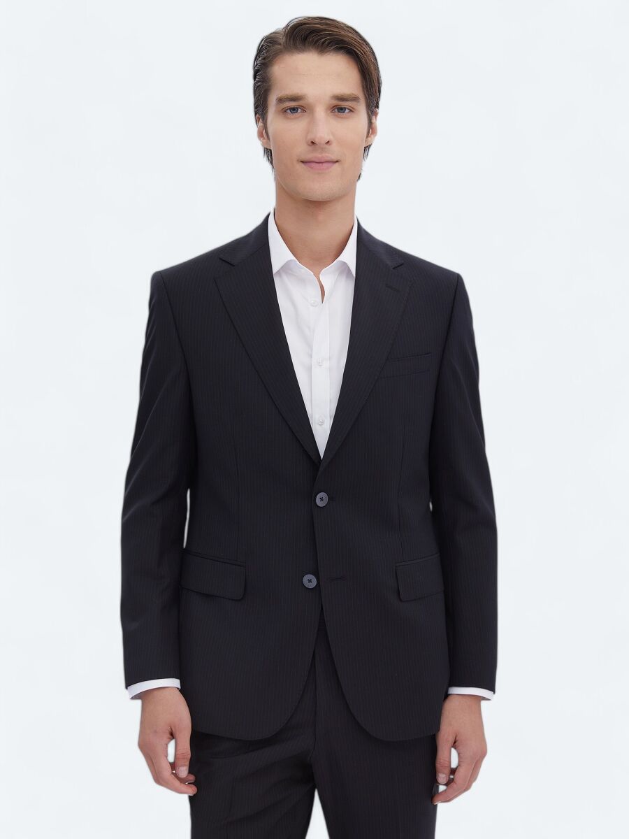 Black Striped Modern Fit Wool Blended Suit - 1