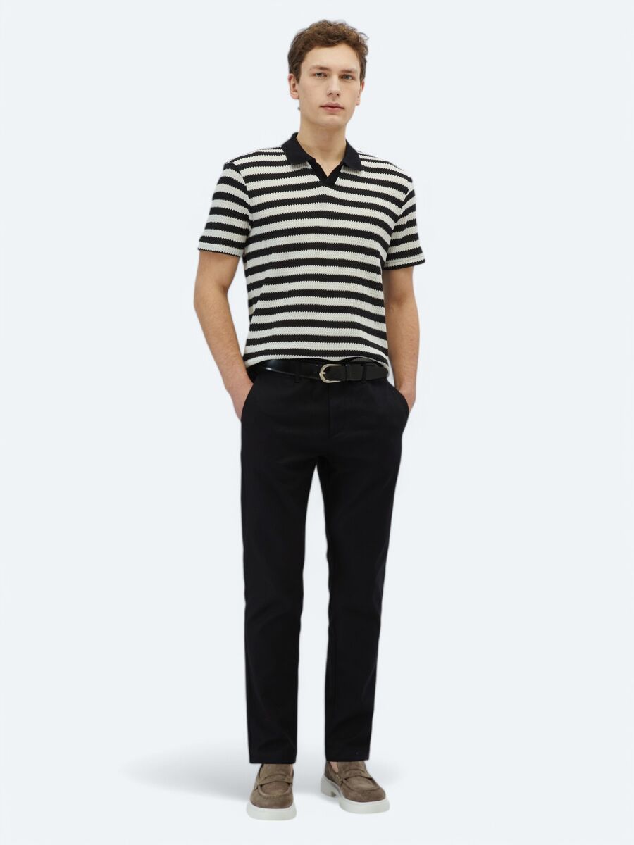 Black Striped Polo Neck Cotton Blended T-Shirt - 2