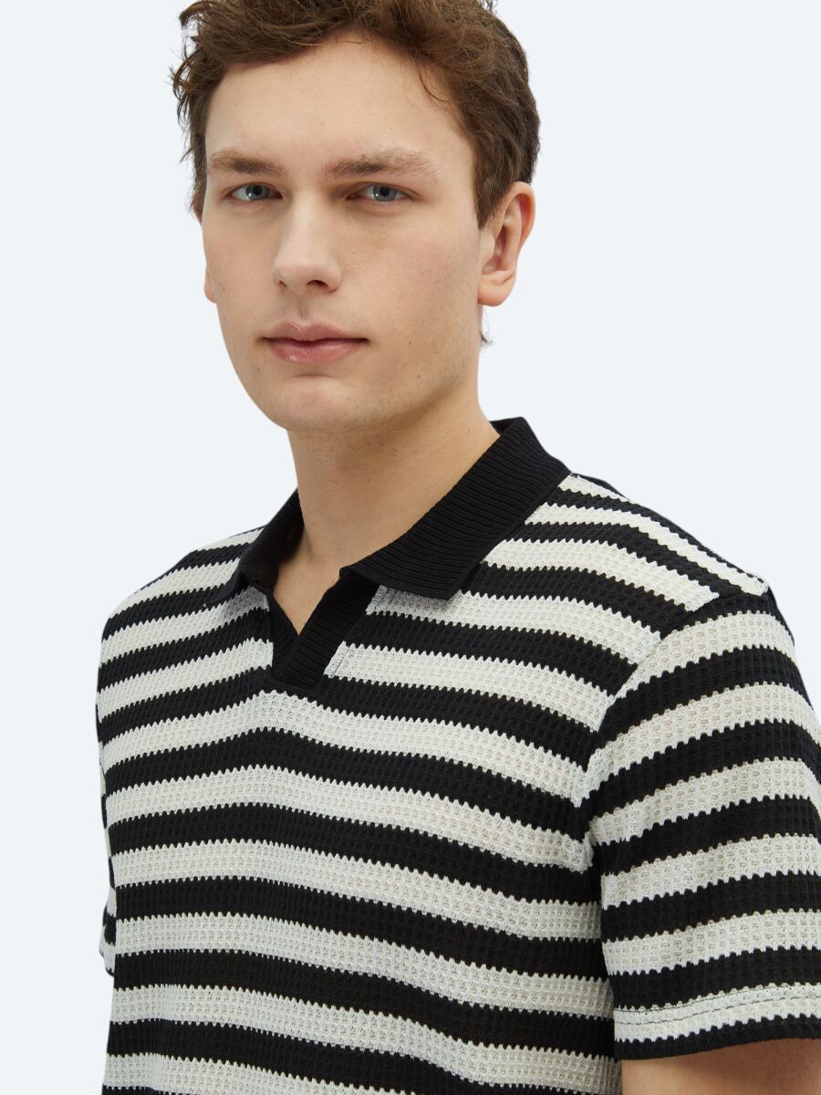 Black Striped Polo Neck Cotton Blended T-Shirt - 3