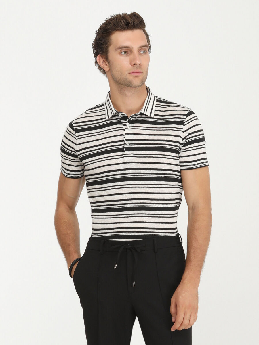 Black Striped Polo Neck Linen Blended T-Shirt - 1