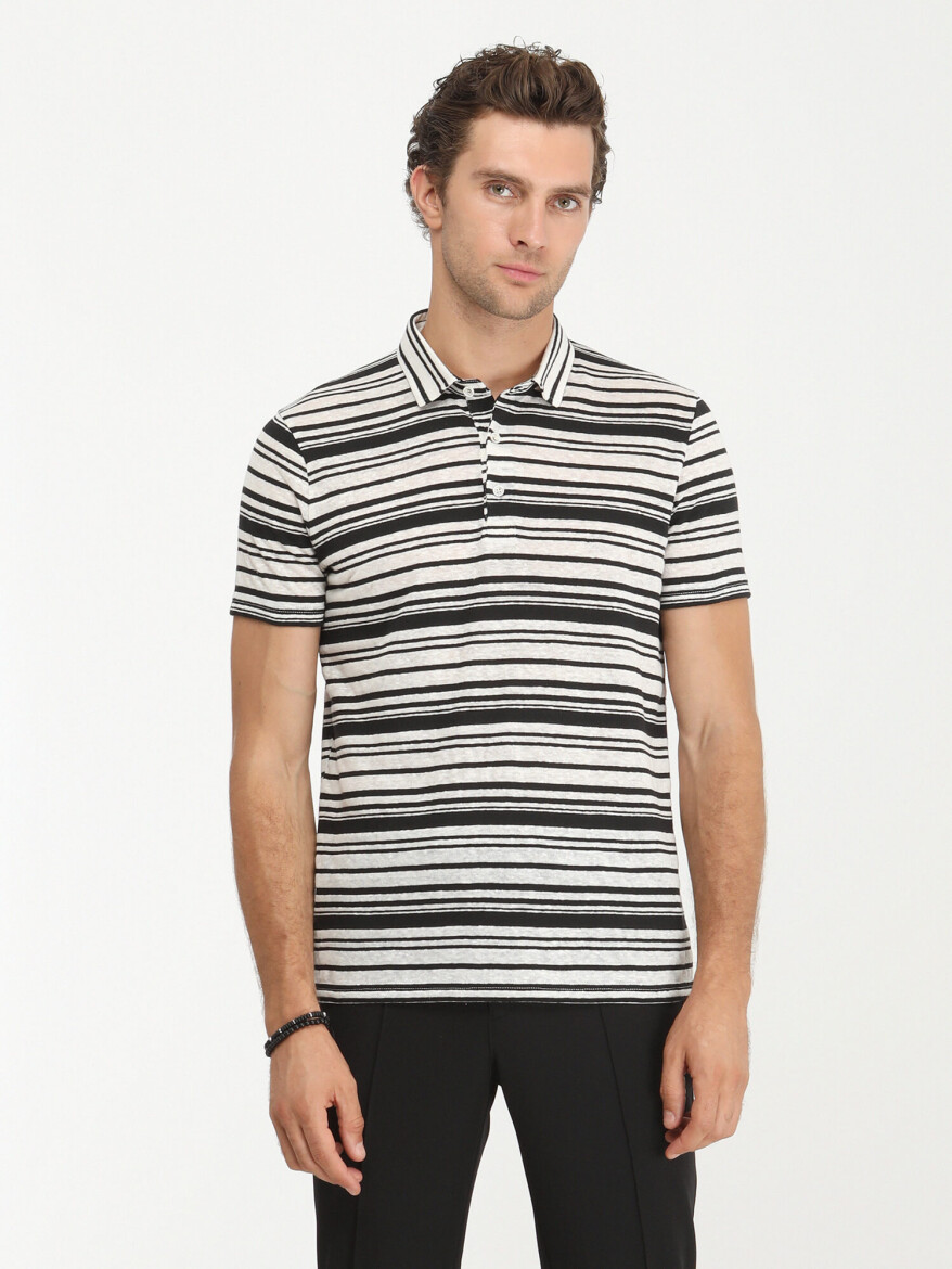 Black Striped Polo Neck Linen Blended T-Shirt - 2