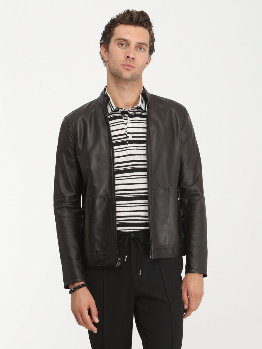 Black Striped Polo Neck Linen Blended T-Shirt - 3