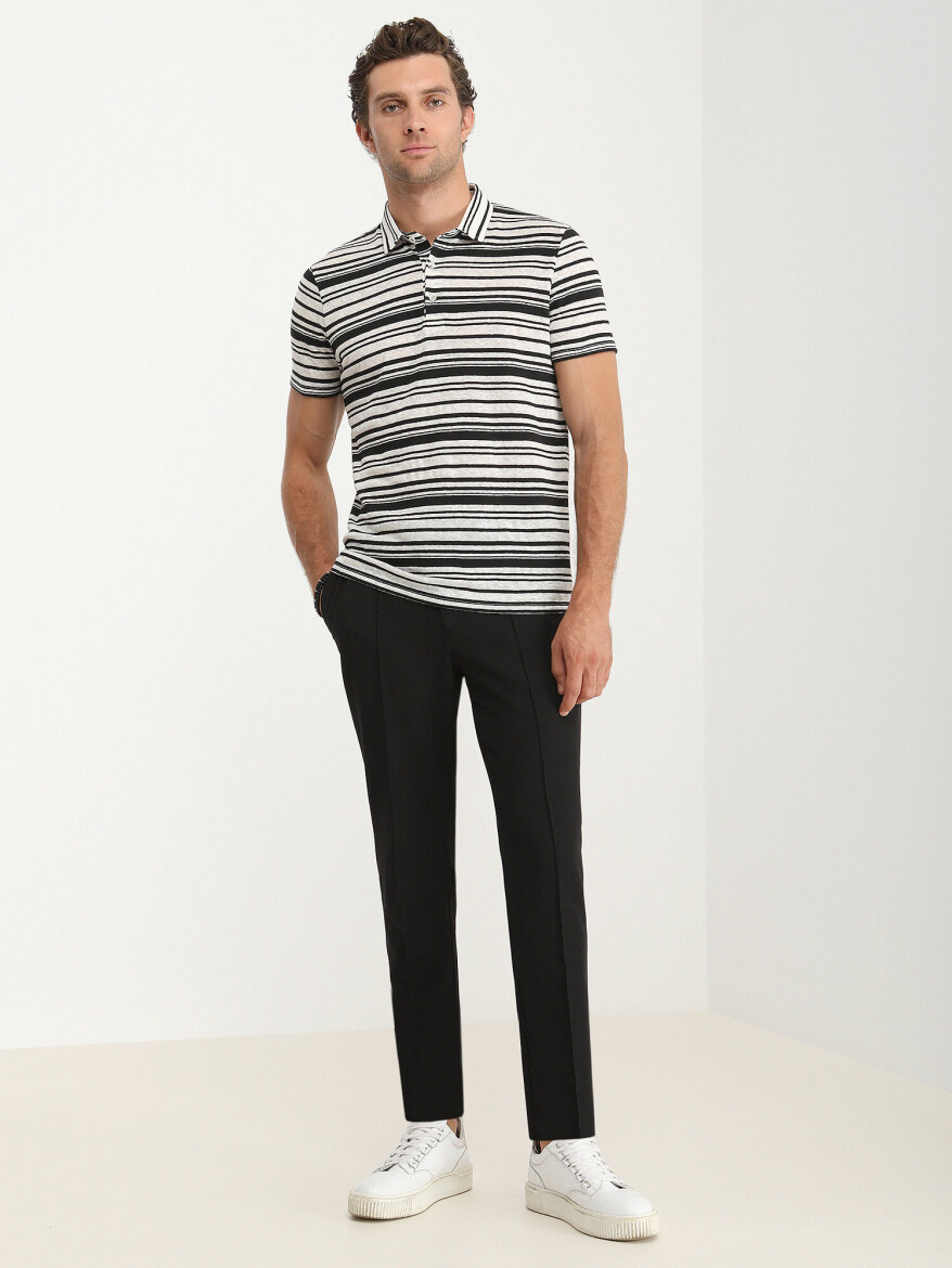 Black Striped Polo Neck Linen Blended T-Shirt - 4
