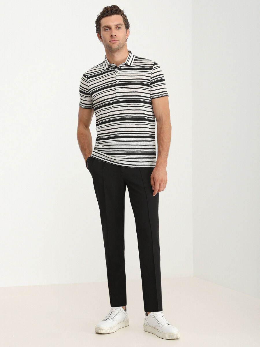 Black Striped Polo Neck Linen Blended T-Shirt - 4
